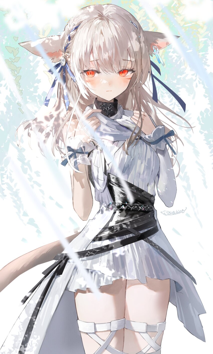 absurdres ancient_greek_clothes animal_ears artist_name blush brown_hair cat_ears cat_girl cat_tail earrings facial_mark final_fantasy final_fantasy_xiv frilled_wrist_cuffs frills greco-roman_clothes hair_ribbon highres himation jewelry miqo&#039;te red_eyes ribbon shikina_(mochigushi_) signature single_earring single_sleeve tail warrior_of_light_(ff14) whisker_markings wrist_cuffs