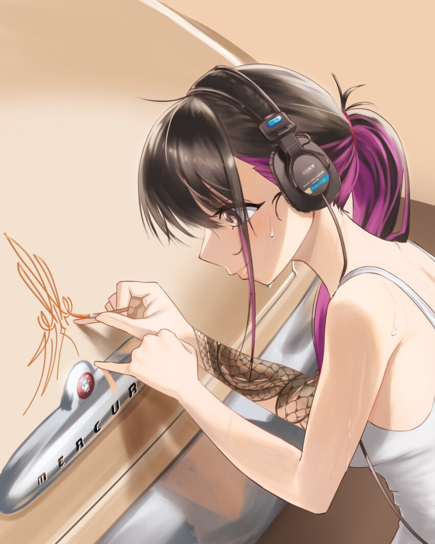 1girl arm_tattoo black_hair breasts brown_background brown_car brown_eyes car commentary english_commentary haow highres long_hair medium_breasts mercury_(company) mercury_eight motor_vehicle multicolored_hair original painting_(action) ponytail purple_hair shizuku_(haow) shizuku_inoue_(haow) sidelocks smile solo streaked_hair sweat tank_top tattoo white_tank_top