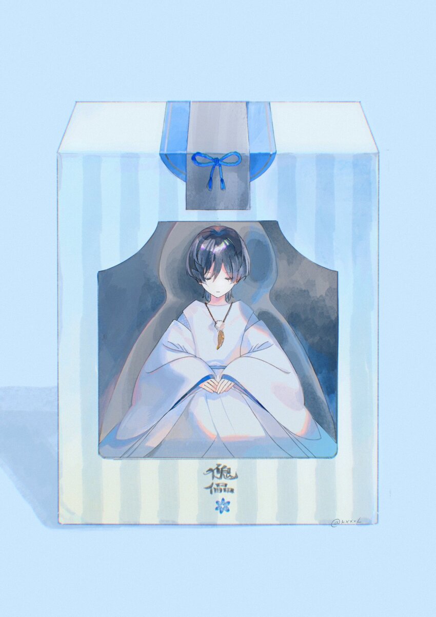 1boy black_hair blue_ribbon blunt_ends box closed_eyes closed_mouth doll facing_viewer feathers from_front from_outside genshin_impact hair_between_eyes highres in_box in_container japanese_clothes kariginu kexxxl layered_sleeves long_sleeves male_focus pants pom_pom_(clothes) purple_sleeves ribbon scaramouche_(genshin_impact) scaramouche_(kabukimono)_(genshin_impact) solo straight-on string white_pants white_sleeves wide_sleeves yellow_feathers