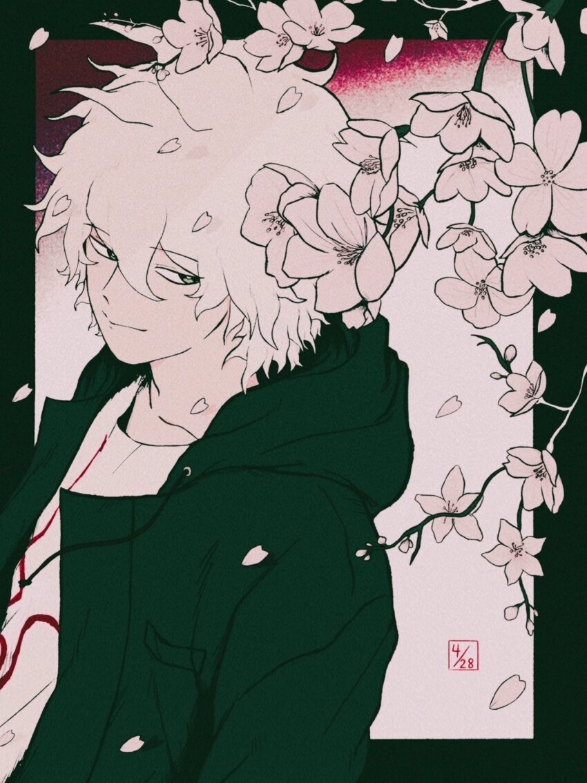 1boy black_border border cherry_blossoms danganronpa_(series) danganronpa_2:_goodbye_despair falling_petals flower green_jacket grey_eyes highres hood hood_down jacket komaeda_nagito looking_at_viewer male_focus open_clothes open_jacket outside_border petals pink_background pink_flower pink_hair short_hair solo upper_body uri_ka55 wind