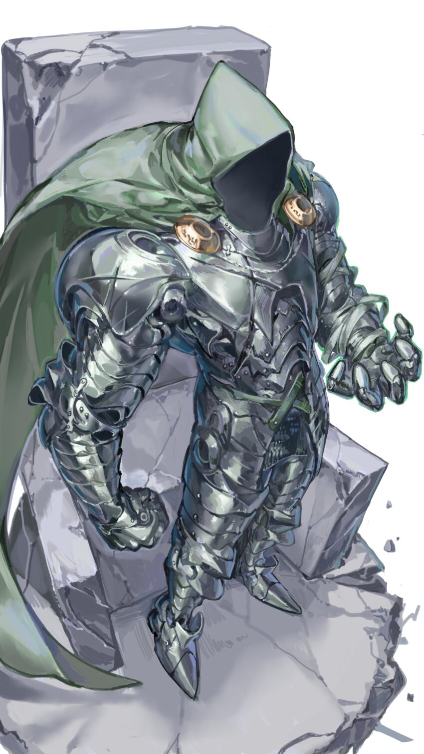 1boy absurdres armor cape doctor_doom full_body green_cape highres hood hood_up hooded_cape marvel nameno92372763 simple_background solo throne white_background