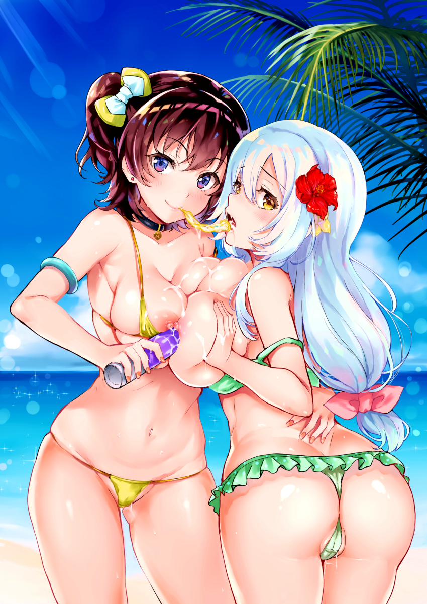 2girls armlet ass beach bikini blue_eyes blush breast_press breasts breasts_out brown_hair cameltoe choker cleavage condom contrapposto cowboy_shot day earrings fingernails flower frilled_bikini frills from_behind gluteal_fold green_bikini hair_flower hair_ornament highres hug jewelry large_breasts long_hair looking_at_viewer looking_back lotion maumen micro_bikini mouth_hold multiple_girls navel nipples official_art one_side_up original palm_tree pussy_juice sand short_hair smile standing strap_slip swimsuit symmetrical_docking thong_bikini tree waist_hug water white_hair yellow_bikini yellow_eyes