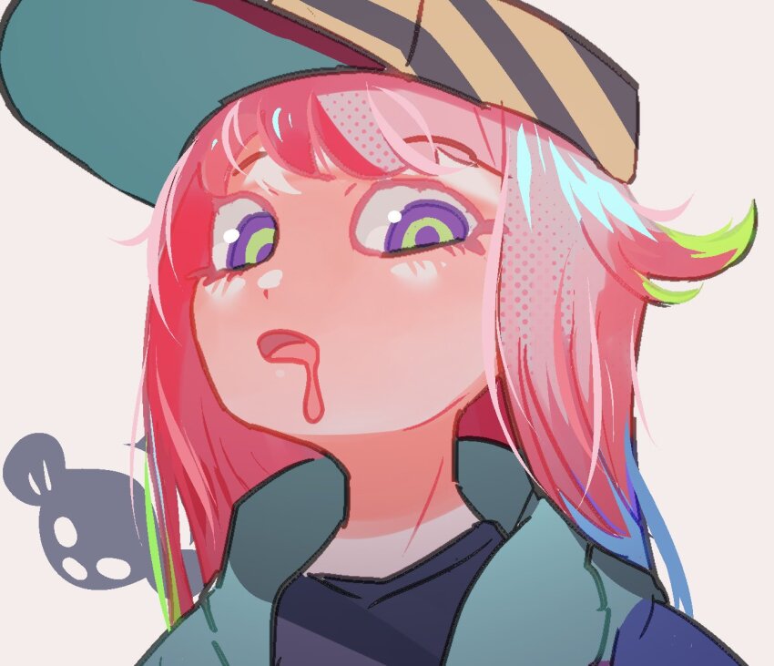 1girl baseball_cap black_shirt clownfish colored_eyelashes drooling fish harmony&#039;s_clownfish_(splatoon) harmony_(splatoon) hat humanization iguana152588 nintendo no_eyebrows pink_hair pink_pupils purple_pupils sea_anemone shirt simple_background splatoon_(series) splatoon_3 striped_clothes striped_headwear tentacle_hair tropical_fish white_background