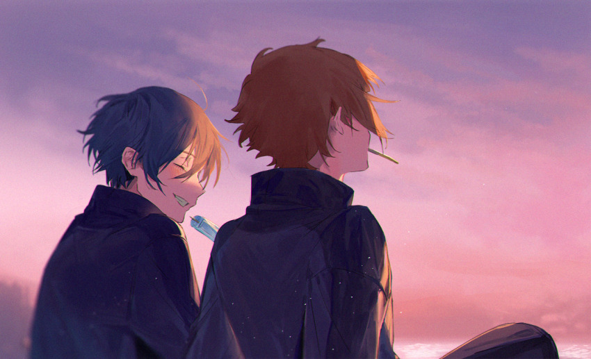 2boys ahoge black_hair blue_lock blush brothers brown_hair closed_eyes food grin itoshi_rin itoshi_sae long_sleeves male_focus mm39572 multiple_boys outdoors popsicle short_hair siblings sky smile sunset teeth