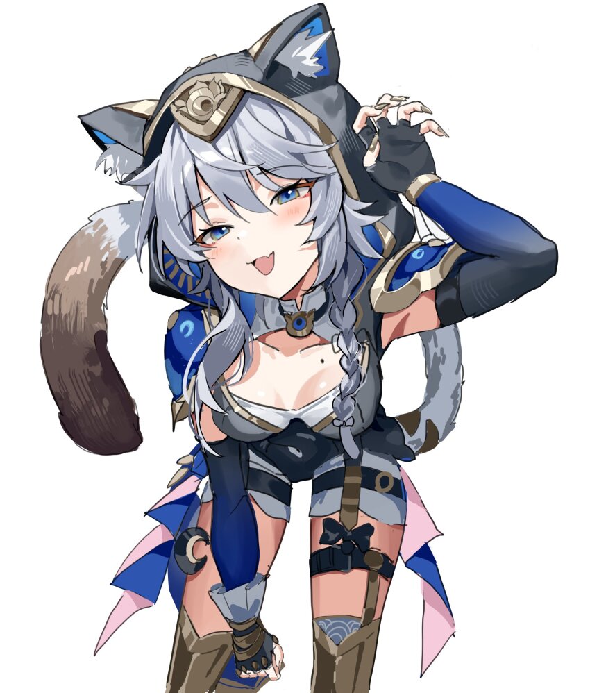 1girl animal_ears black_gloves blue_eyes braid breasts cahangonn cat_ears cat_girl cat_tail cipher_(honkai:_star_rail) collarbone commentary fingerless_gloves gloves highres honkai:_star_rail honkai_(series) hood hood_up looking_at_viewer medium_breasts mole mole_on_collarbone open_mouth side_braid simple_background solo tail white_background