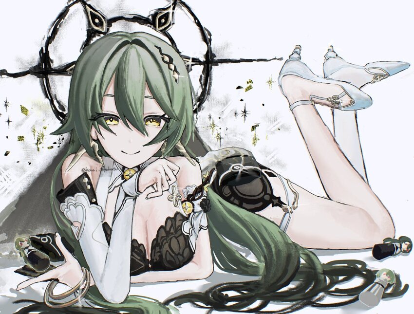 1girl breasts cleavage commentary_request detached_sleeves earrings grey_hair halo honkai_(series) honkai_impact_3rd jewelry kouri_huyuhasu large_breasts legs_up long_hair looking_at_viewer multicolored_hair official_alternate_costume simple_background smile solo streaked_hair very_long_hair vita_(eldritch_vantage)_(honkai_impact) vita_(honkai_impact) white_background yellow_eyes