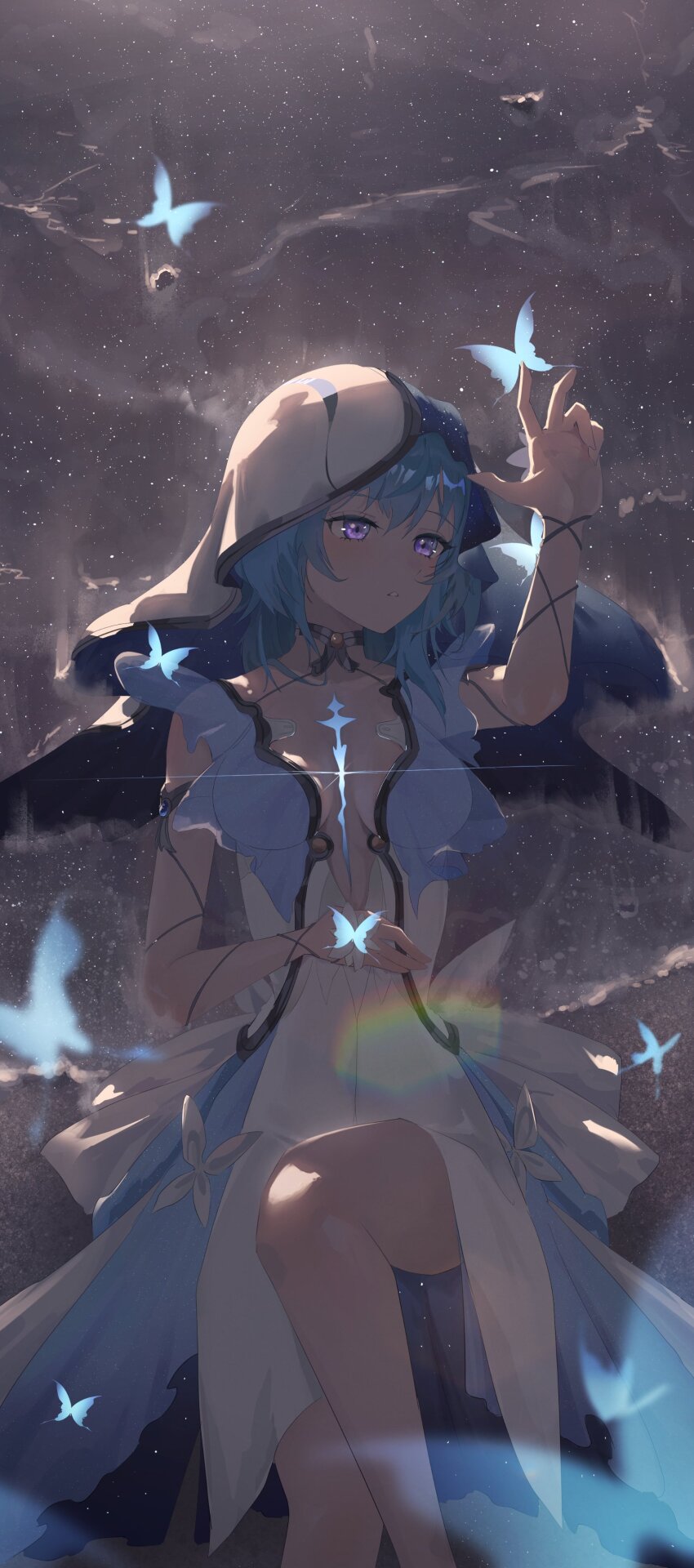 1girl absurdres blue_butterfly blue_hair blue_veil breasts bug butterfly commentary dress eien_001 feet_out_of_frame hair_between_eyes hand_up highres insect knee_up large_breasts medium_hair parted_lips purple_eyes sidelocks solo tacet_mark_(wuthering_waves) shorekeeper_(wuthering_waves) two-tone_veil veil white_dress white_veil wuthering_waves