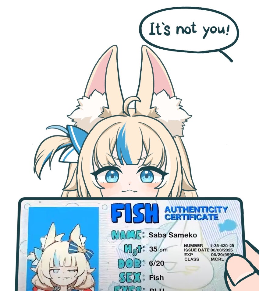 1girl 1other :3 ahoge animal_ears blonde_hair blue_eyes blue_hair cat_ears ddas_di highres holding_id_card indie_virtual_youtuber long_hair looking_at_viewer low_twintails multicolored_hair one_side_up sameko_saba smile solo streaked_hair twintails very_long_hair virtual_youtuber