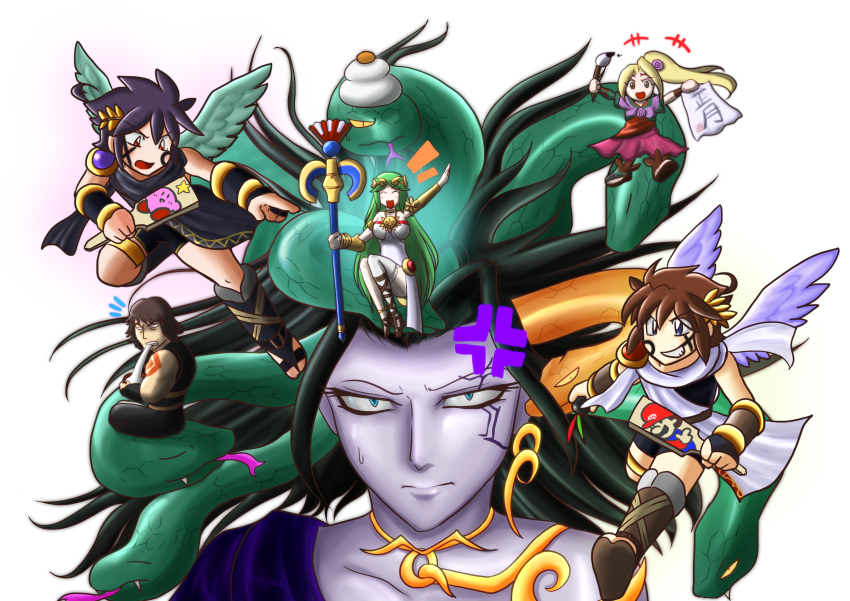 3boys 3girls absurdres black_hair blonde_hair blue_eyes brown_hair dark_pit green_hair highres jewelry kid_icarus kid_icarus_uprising lots_of_jewelry magnus_(kid_icarus) medusa_(kid_icarus) multiple_boys multiple_girls nintendo palutena pit_(kid_icarus) red_eyes snake_hair viridi