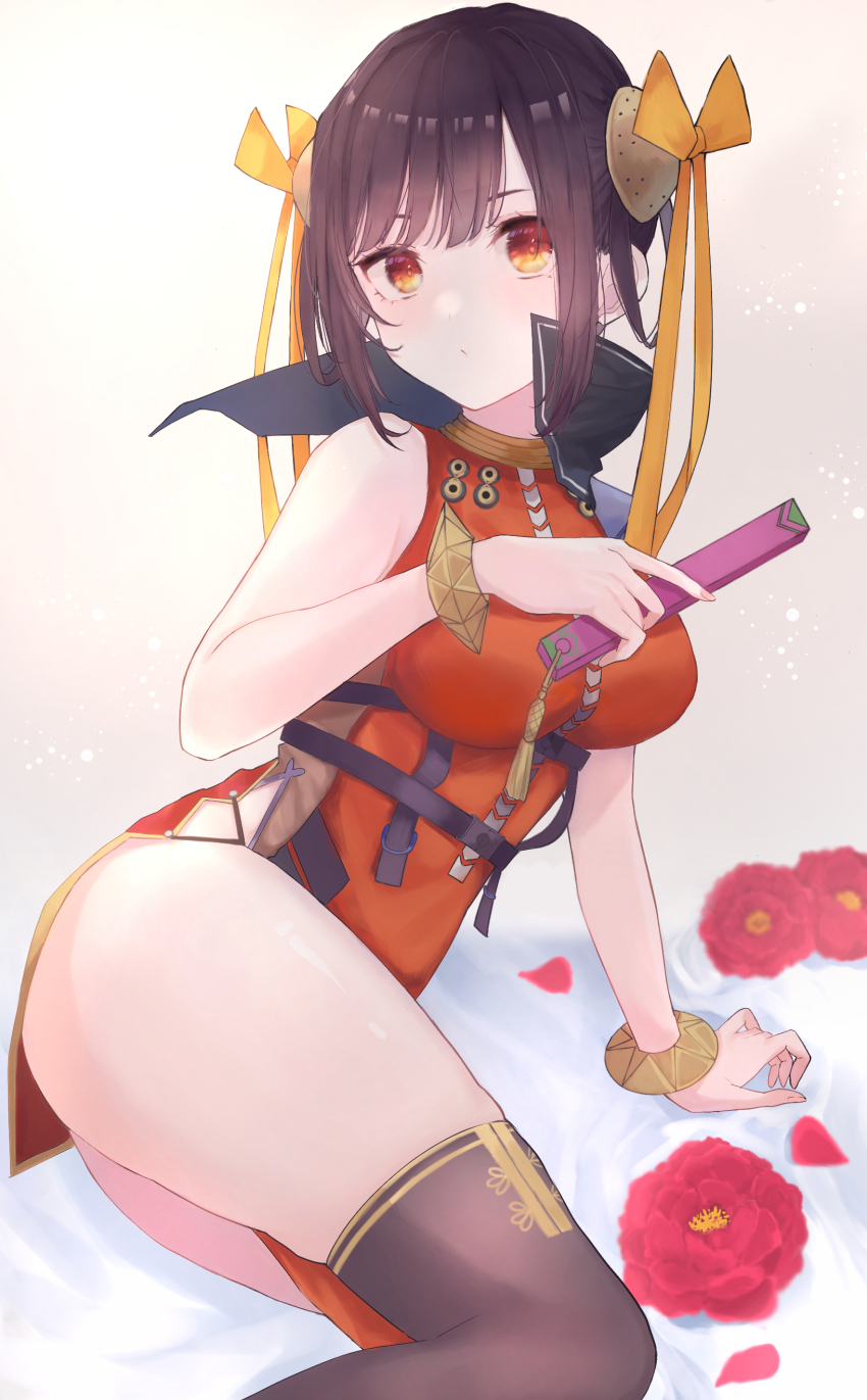 1girl absurdres armor breasts chest_harness china_dress chinese_clothes dress folding_fan hair_ribbon hand_fan harness heaven_burns_red highres holding large_breasts li_yingxia long_hair orange_eyes pelvic_curtain ribbon shoulder_armor side_slit sleeveless thighhighs user_vxyr2888 yellow_ribbon