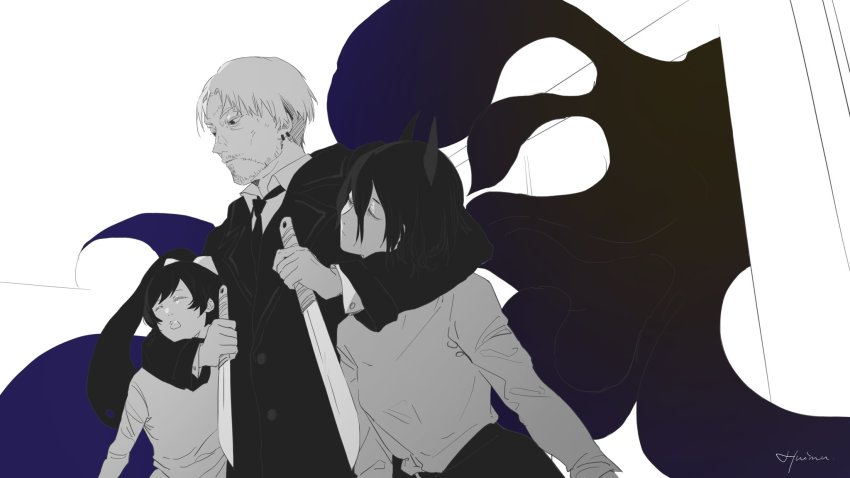 1boy 2girls artist_name bags_under_eyes black_hair chainsaw_man eyebrows eyelashes closed_eyes facial_hair highres holding holding_knife holding_weapon horns huimuuu kishibe_(chainsaw_man) knife long_(chainsaw_man) long_hair multiple_girls pale_skin pingtsi_(chainsaw_man) ponytail scar scar_on_face short_hair stubble unconscious undercut watermark weapon white_hair