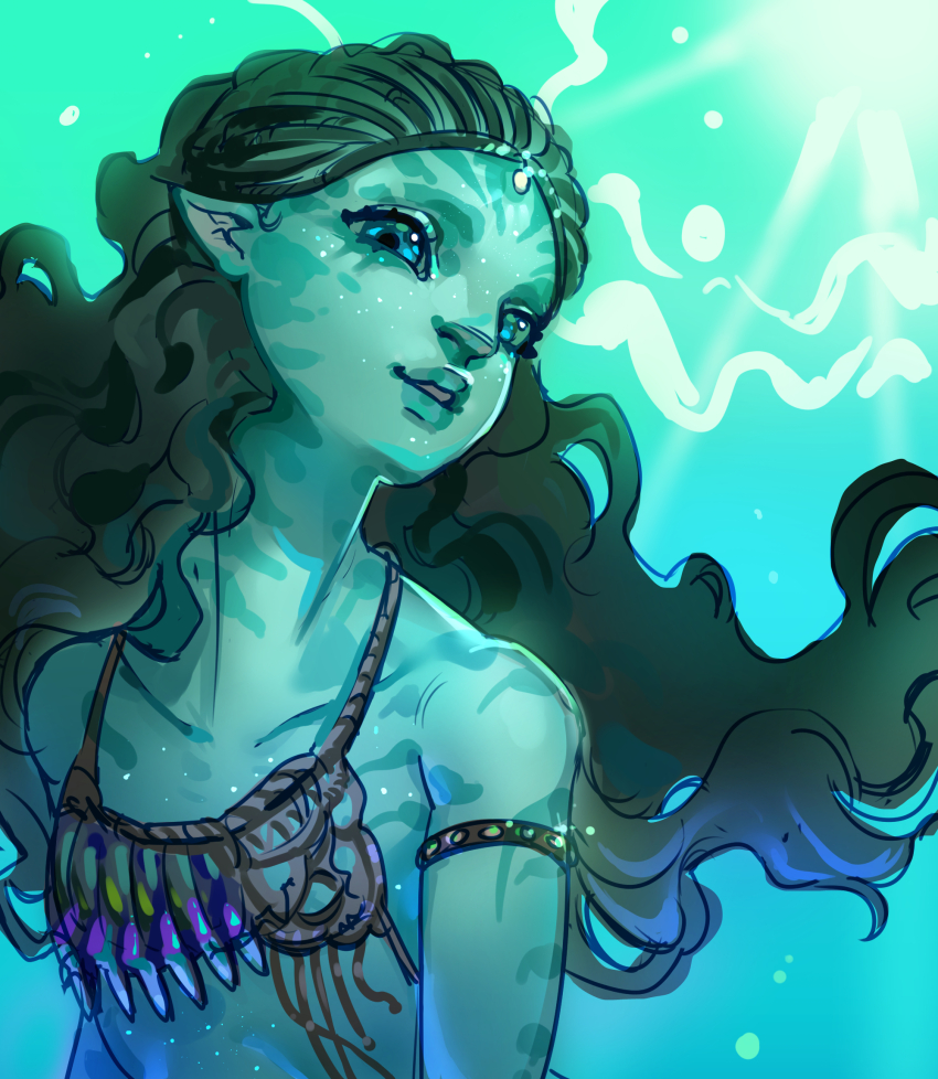 alien animal_ears avatar:_the_way_of_water bare_shoulders blue_eyes blue_skin cat_ears colored_skin commentary freckles highres james_cameron&#039;s_avatar james_cameron&#039;s_avatar jui_(dirtybigrat) long_hair looking_at_viewer open_mouth science_fiction solo sparkle submerged sunlight swimming tribal tsireya underwater water