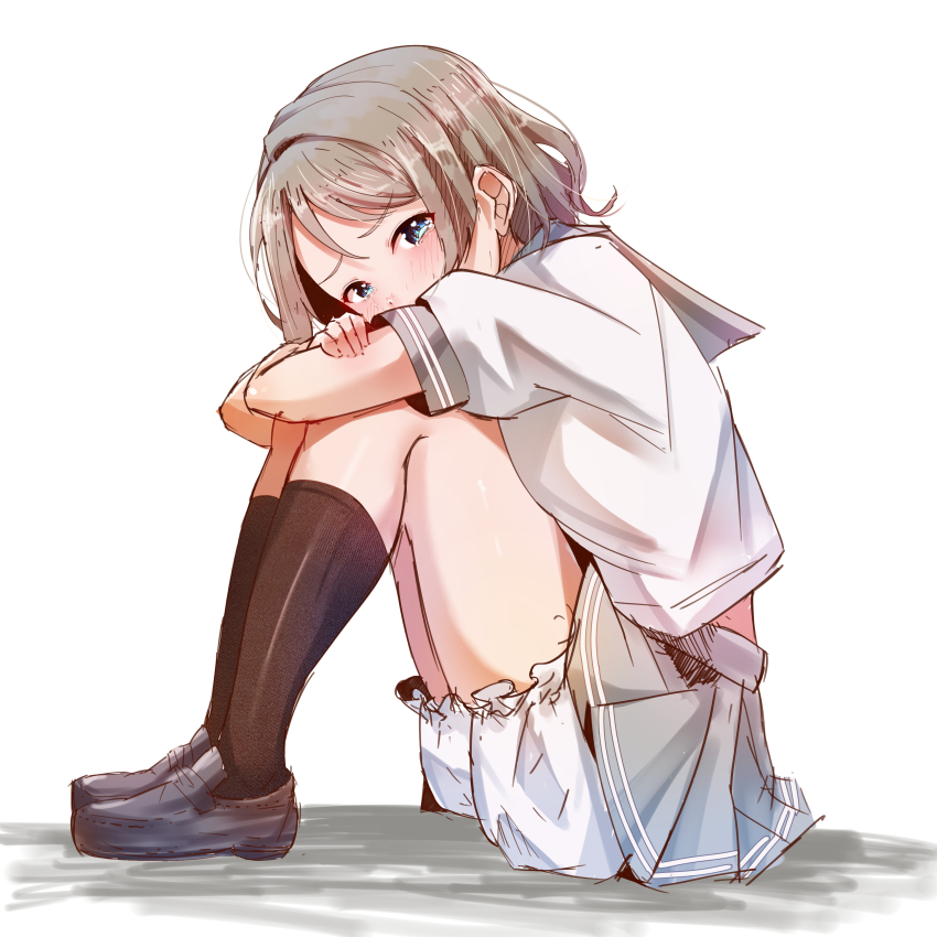 1girl absurdres blue_eyes brown_hair from_side grey_hair grey_sailor_collar highres kuntze loafers looking_at_viewer love_live! love_live!_sunshine!! necktie sailor_collar school_uniform serafuku shoes short_hair tears uranohoshi_school_uniform watanabe_you