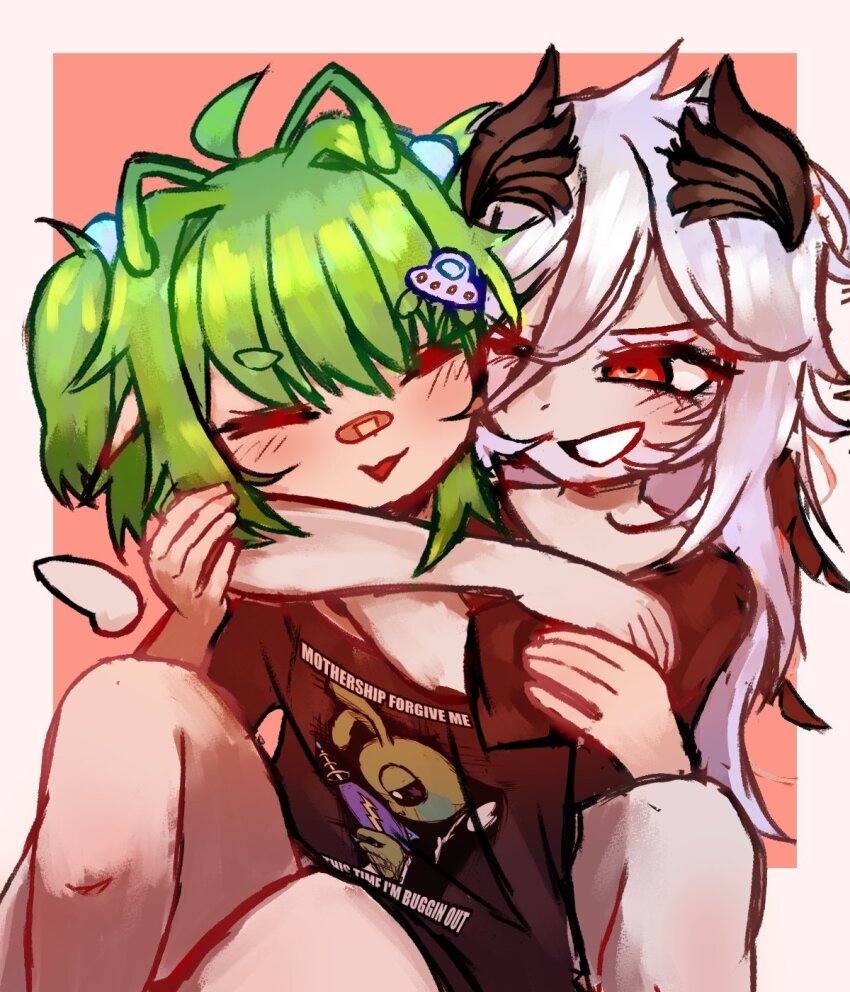 2girls ahoge antennae bandaid bandaid_on_face bandaid_on_nose black_shirt closed_eyes ferumi_kaipa green_hair highres hug hug_from_behind indie_virtual_youtuber multiple_girls nemo_nevermore open_mouth red_eyes shirt simple_background smile sxxlvm t-shirt two_side_up white_hair