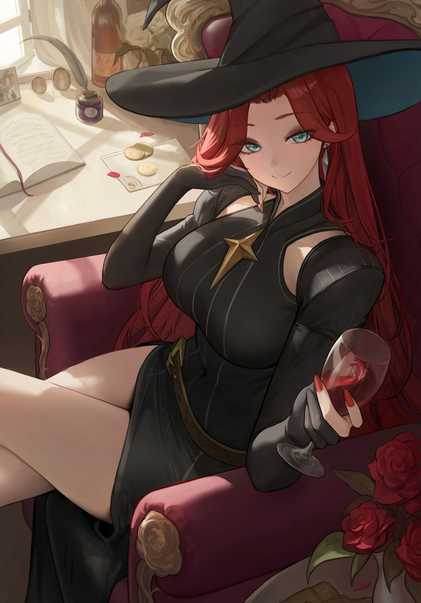 1girl absurdres afk_(series) afk_journey alcohol aqua_hair armchair belt belt_buckle black_dress black_gloves book bottle breasts buckle chair closed_mouth coin covered_navel crossed_legs cup dress drinking_glass earrings elbow_gloves fingernails flower gloves hand_on_own_cheek hand_on_own_face heine_(haloo1101) highres holding holding_cup indoors inkwell jewelry large_breasts long_fingernails long_hair looking_at_viewer mirael_(afk) nail_polish open_book parted_bangs partially_fingerless_gloves quill red_flower red_hair red_nails red_rose rose short_dress sitting smile solo table very_long_hair wine wine_glass