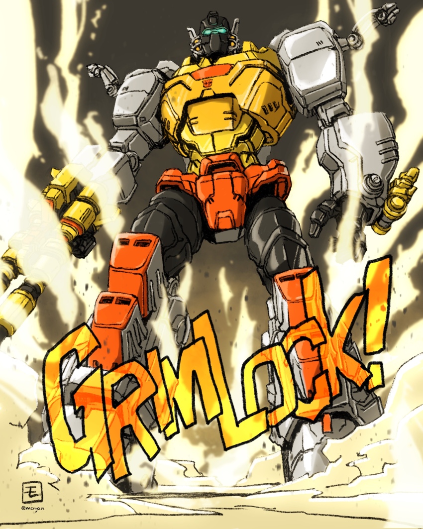 absurdres assault_visor autobot character_name glowing grimlock gun highres holding holding_gun holding_weapon looking_ahead mecha mecha_focus moyan open_hand procreate_(medium) robot science_fiction smoke transformers transformers:_earthspark twitter_username weapon
