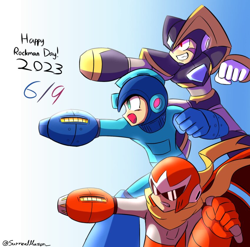 3boys arm_cannon armor bass_(mega_man) capcom grin helmet highres mega_man_(character) mega_man_(classic) mega_man_3 mega_man_7 multiple_boys no_humans open_mouth proto_man red_eyes robot robot_ears scarf serious smile sunglasses weapon