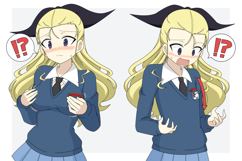 !? 1girl assam_(girls_und_panzer) black_necktie blonde_hair blue_eyes blue_sweater blush breasts closed_mouth emblem girls_und_panzer hair_ribbon highres ichinose_jun large_breasts long_hair multiple_views necktie open_mouth ribbon school_uniform simple_background small_breasts st._gloriana&#039;s_(emblem) st._gloriana&#039;s_school_uniform sweater white_background