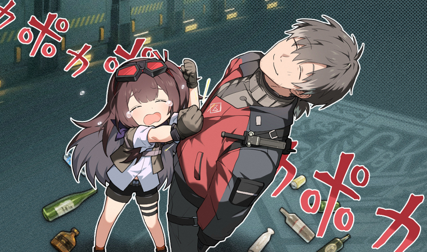 1boy 1girl black_gloves black_hair black_pants black_shorts bottle brown_hair closed_eyes commander_(girls&#039;_frontline) commentary english_commentary girls&#039;_frontline girls&#039;_frontline_2:_exilium gloves goggles goggles_on_head honi_(ohohoni) jacket long_hair mayling_shen_(girls&#039;_frontline_2) meme multicolored_jacket one_side_up open_mouth pants poka_poka_(meme) shirt short_shorts shorts smile two-tone_jacket white_shirt