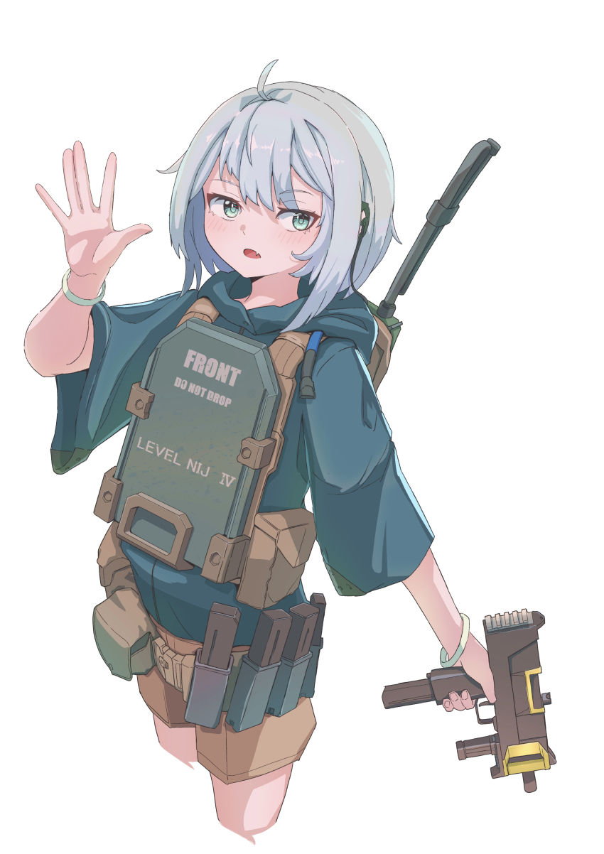 1girl absurdres ammunition_pouch blue_hoodie blush bracelet brown_shorts cropped_legs fang green_eyes grey_hair gun hand_up highres holding holding_gun holding_weapon hood hood_down hoodie jewelry looking_at_viewer mac-10/11 okapi_(yomaigoto) open_mouth original pouch short_sleeves shorts simple_background solo submachine_gun weapon weapon_request white_background wide_sleeves
