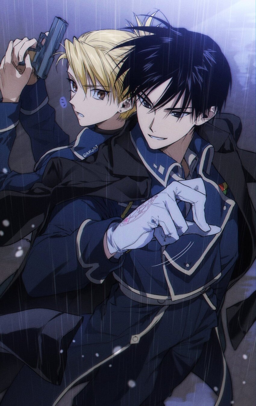1boy 1girl back-to-back black_coat black_eyes black_hair blonde_hair blue_jacket brown_eyes coat fullmetal_alchemist gloves gun highres holding holding_gun holding_weapon jacket m_m_pb military_uniform parted_lips rain riza_hawkeye roy_mustang weapon white_gloves