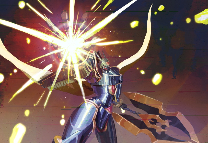absurdres alphamon alphamon_ouryuuken armor black_armor black_helmet cape commentary creature creature_focus digicore digimon digimon_(creature) digital_monster_x-evolution double_blade energy_beam energy_blast fake_horns forehead_jewel gem helmet highres holding holding_polearm holding_sword holding_weapon horned_helmet horns knight mecha no_humans open_hand outstretched_arm polearm red_eyes red_gemstone revision robot solo sword user_csts5272 weapon white_cape