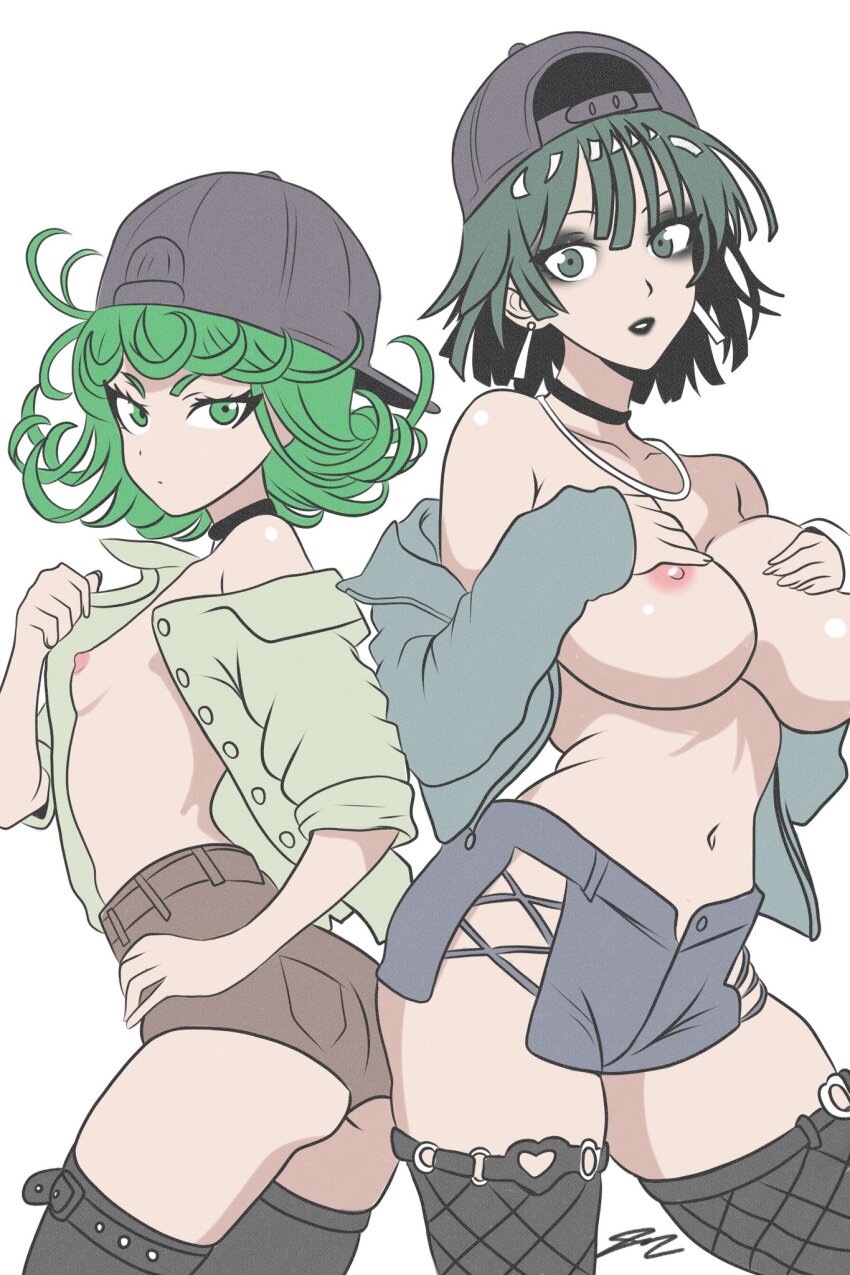 2girls baseball_cap black_choker black_thighhighs breasts brown_shoes choker commentary english_commentary fishnet_thighhighs fishnets fubuki_(one-punch_man) green_hair green_jacket grey_jacket grey_shorts hand_on_own_chest hat highres jacket large_breasts multiple_girls navel nipples one-punch_man shoes short_hair shorts siblings simple_background sisters small_breasts stomach tatsumaki thighhighs thighs white_background windriftdraws