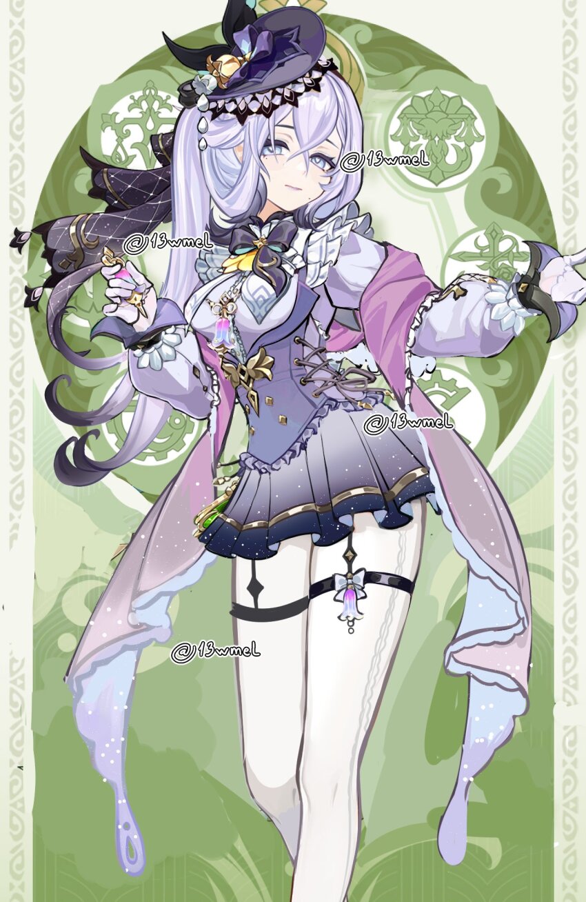 13wmel 1girl artist_name black_bow black_bowtie black_hair black_hat black_skirt blue_eyes bottle bow bowtie breasts center_frills closed_mouth colored_tips commentary crossed_bangs derivative_work emilie_(genshin_impact) emilie_(old_design)_(genshin_impact) english_commentary expressionless fascinator feet_out_of_frame frills garter_straps genshin_impact gloves gradient_clothes gradient_skirt green_background grey_shirt grey_skirt hair_between_eyes hat heart heart-shaped_pupils highres holding long_sleeves medium_breasts miniskirt mole mole_under_eye mole_under_mouth multicolored_hair multicolored_skirt official_style pantyhose perfume_bottle pleated_skirt puffy_long_sleeves puffy_sleeves purple_hair purple_lips purple_shawl shawl shirt skirt solo symbol-shaped_pupils thigh_strap twitter_username two-tone_hair underbust variant_set watermark white_gloves white_pantyhose