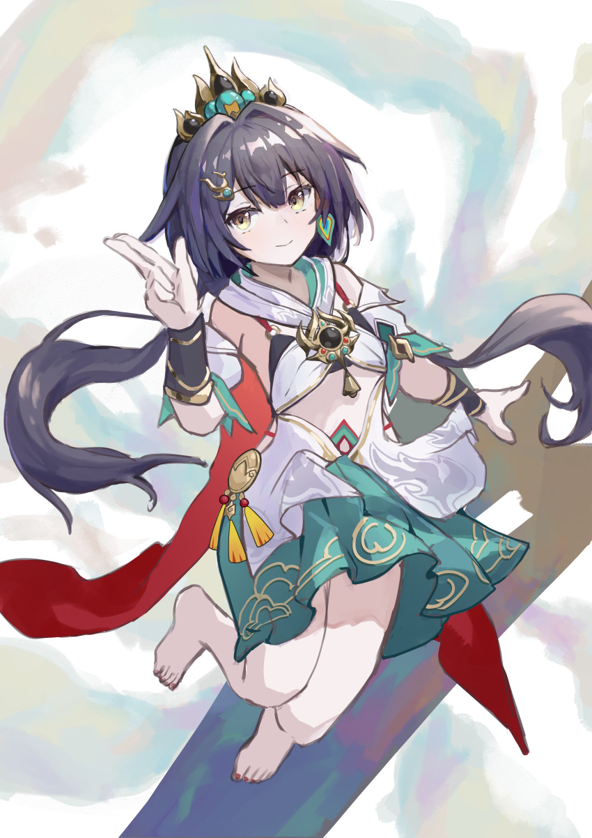 1girl absurdres barefoot black_hair hair_ornament highres holding holding_weapon honkai:_star_rail honkai_(series) long_hair rainbow_(pixiv_66183854) simple_background solo weapon yellow_eyes yunli_(honkai:_star_rail)