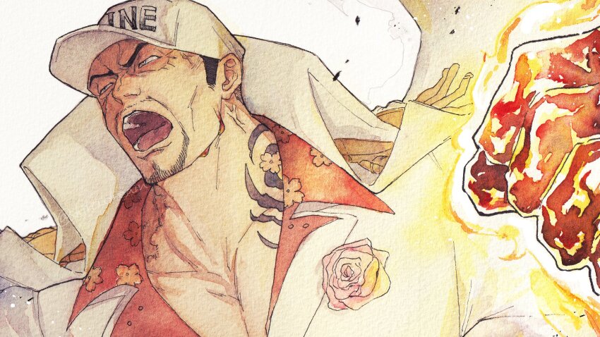 1boy angry black_hair clenched_hand coat collared_shirt devil_fruit_power epaulettes facial_hair fire flaming_hand floral_print flower furrowed_brow goatee_stubble hat hawaiian_shirt highres large_pectorals lava looking_to_the_side male_focus manly marine_uniform_(one_piece) mature_male medium_sideburns muscular muscular_male mustache_stubble neck_tattoo nose one_piece open_clothes open_coat open_mouth paper_texture pectoral_cleavage pectorals red_shirt rose sakazuki_(akainu) scar shiro_dream shirt short_hair simple_background solo stubble tattoo teeth tongue traditional_media twitter_username upper_body very_short_hair white_background white_coat white_hat