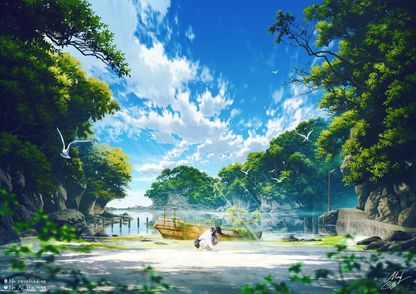 1girl bird black_hair black_skirt blue_sky blurry blurry_foreground boat cloud commentary_request day long_hair long_sleeves mocha_(cotton) original outdoors overgrown scenery shirt signature skirt sky solo squatting sunlight tree very_wide_shot water watercraft watermark white_shirt