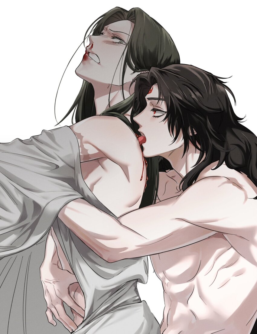2boys black_hair blood blood_on_back blood_on_face chinese_clothes clenched_teeth from_side furrowed_brow grey_eyes grey_robe hand_on_another&#039;s_stomach highres korean_commentary licking licking_blood long_hair looking_at_another luo_binghe male_focus multiple_boys muscular muscular_male nosebleed qwert021600 red_eyes renzha_fanpai_zijiu_xitong robe scar scar_on_arm shen_jiu_(renzha_fanpai_zijiu_xitong) teeth topless_male undressing upper_body white_background yaoi zuiyin