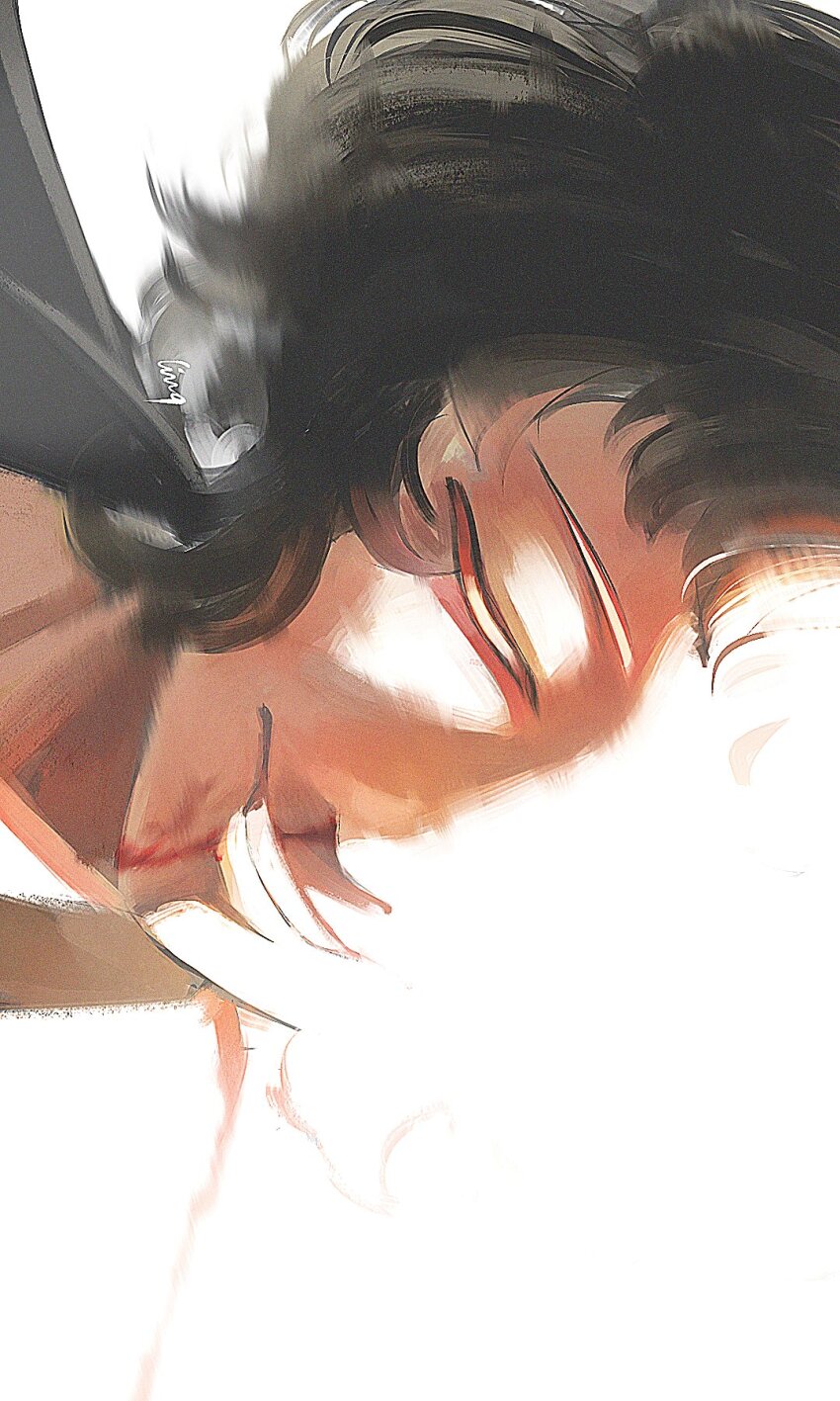 1girl black_coat black_hair blood closed_eyes coat facing_viewer grin highres ling_(chaaaaanhikari) nosebleed portrait reverse:1999 schneider_(reverse:1999) short_hair sidelighting sideways smile solo teeth white_background