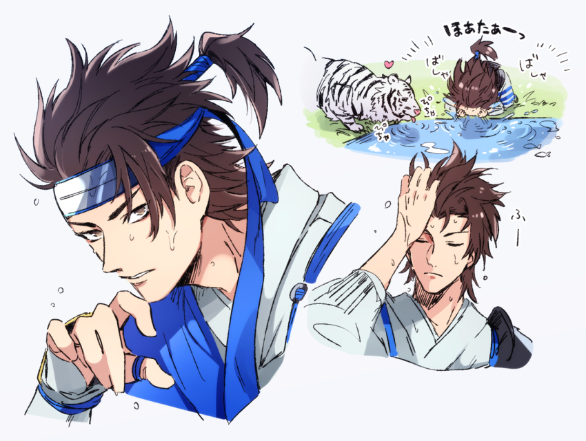 1boy brown_eyes brown_hair closed_eyes cropped_torso forehead_protector hair_pulled_back japanese_clothes kkkaaaayyy looking_at_viewer male_focus multiple_views parted_lips sengoku_basara short_hair tiger topknot utsunomiya_hirotsuna_(sengoku_basara) washing_face wet white_tiger