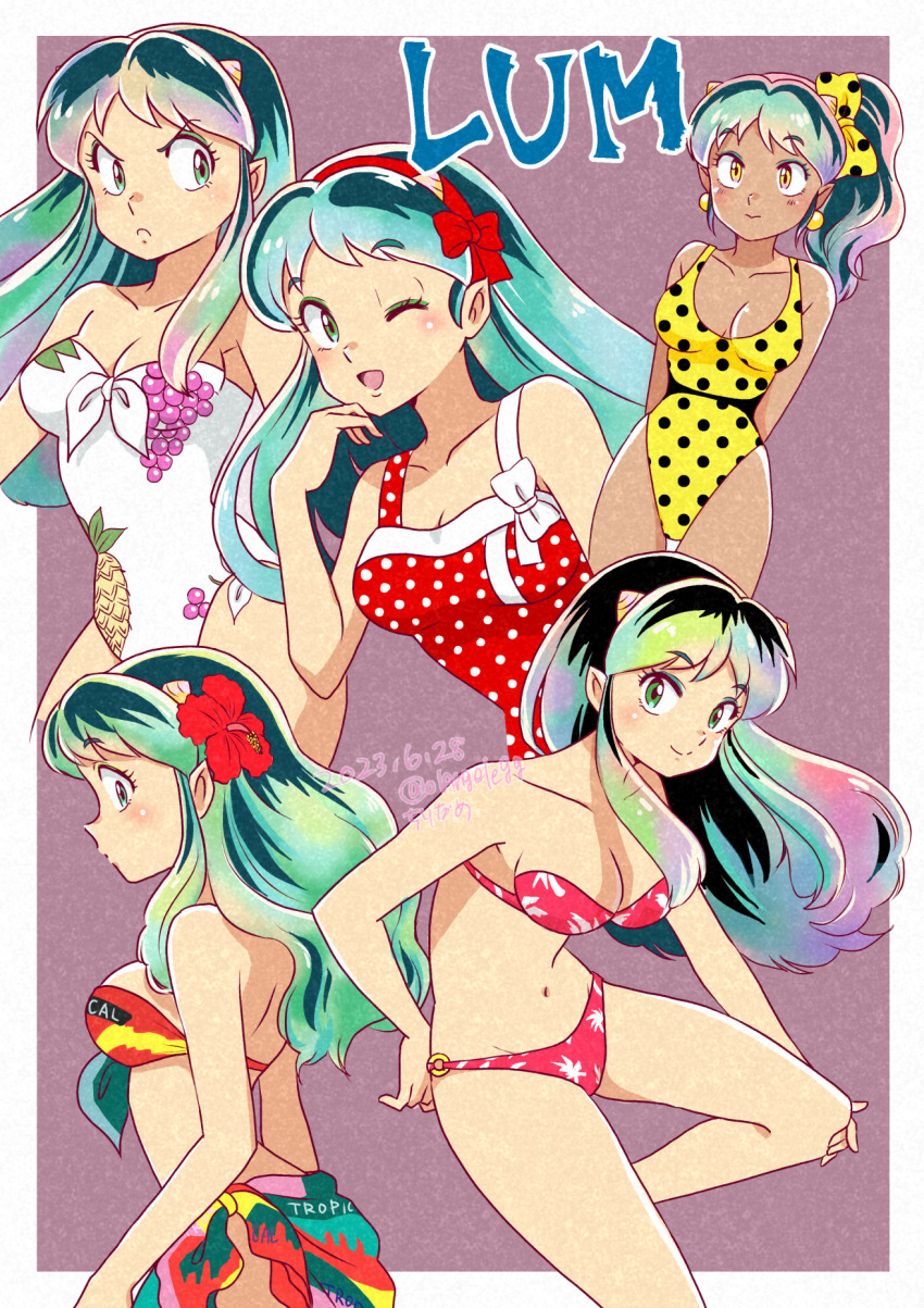 01angelegg 1girl 2023 angry aqua_hair bare_arms bare_legs bikini black_hair blush border bow bow_hairband breasts casual_one-piece_swimsuit cleavage closed_mouth collarbone floating_hair flower green_eyes hair_bow hair_flower hair_ornament hairband hibiscus highres long_hair looking_at_viewer lum medium_breasts multicolored_hair navel o-ring o-ring_bikini one-piece_swimsuit outside_border pink_hair polka_dot polka_dot_bow profile purple_background red_bikini red_bow red_flower red_hairband sarong side_ponytail smile strapless strapless_bikini strapless_one-piece_swimsuit swimsuit urusei_yatsura v-shaped_eyebrows watermark white_border yellow_bow yellow_one-piece_swimsuit