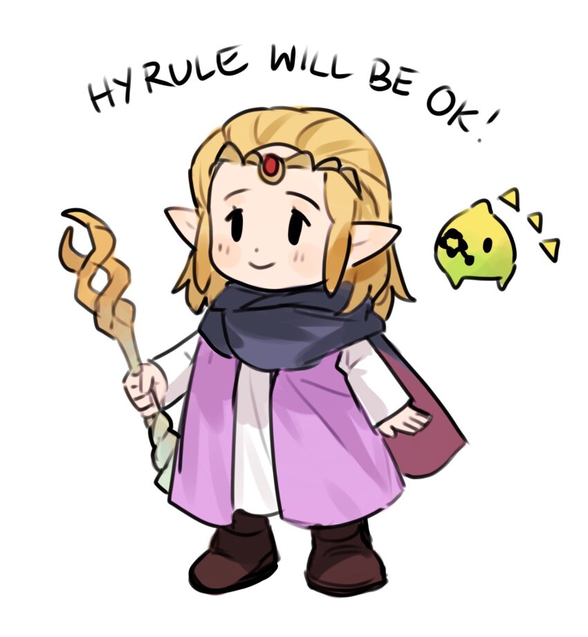 1girl aubz blonde_hair boots brown_footwear cape chibi chibi_only commentary dot_nose dress english_commentary english_text hair_pulled_back highres holding holding_wand long_sleeves nintendo pointy_ears princess_zelda sidelocks simple_background smile the_legend_of_zelda the_legend_of_zelda:_echoes_of_wisdom tiara wand white_background