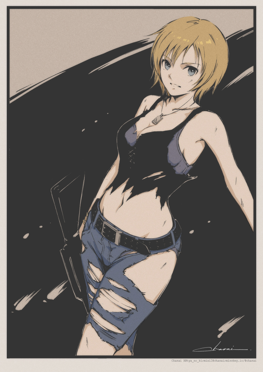 1girl absurdres aya_brea bare_arms black_shirt blonde_hair blue_pants breasts cleavage collarbone grey_eyes highres looking_at_viewer medium_breasts midriff navel pants parasite_eve_(series) parted_lips shirt short_hair signature sleeveless sleeveless_shirt solo standing stomach torn_clothes torn_pants torn_shirt tyanoki