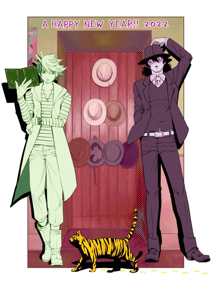 2022 2boys belt black_hair black_pants book boots border cat chinese_zodiac detective fedora fuuto_tantei green_eyes green_hair hat hidari_shoutarou highres holding kamen_rider kamen_rider_w limited_palette male_focus multiple_boys necktie official_art open_hands pants philip_(kamen_rider) sato_masaki_(masayakofu) scarf science_fiction v-fin vest white_border year_of_the_tiger