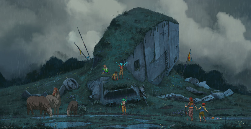 alien alpha-step animal animification aqua_skin at-at child cloud cloudy_sky colored_skin commentary dark_skin english_commentary frog green_skin grey_sky highres mon_calamari multiple_boys multiple_girls outstretched_arms overgrown parody rain red_hair rodian sky star_wars studio_ghibli_(style) style_parody twi&#039;lek