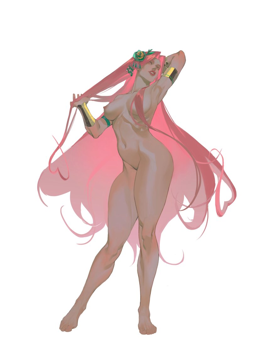 1girl absurdres aphrodite_(hades) arm_behind_head arm_up armlet armpits bracelet breasts commentary completely_nude english_commentary gold_armlet hades_(series) hades_2 hair_censor hair_ornament hair_over_breasts hand_in_own_hair heart heart-shaped_hair highres jewelry large_breasts laurel_crown long_hair looking_at_viewer multiple_bracelets navel nipples nude open_mouth parted_bangs pink_eyes pink_hair simple_background smile solo standing toenails toes very_long_hair yuigacyako