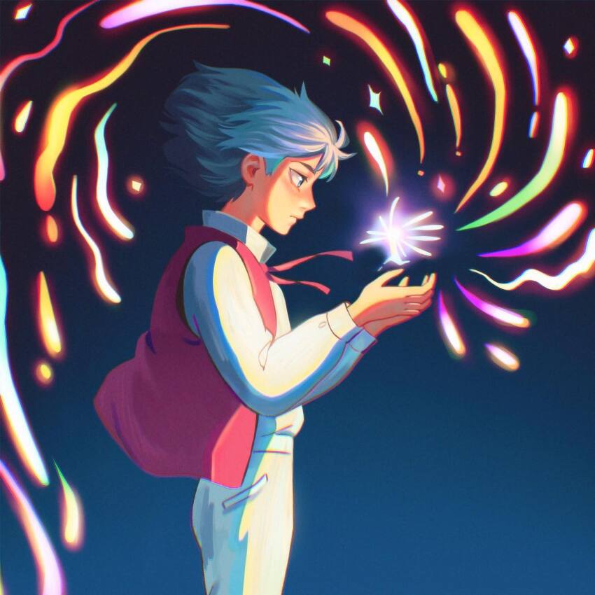 1boy blue_eyes chromatic_aberration commentary derivative_work english_commentary expressionless from_side highres howl_pendragon howl_no_ugoku_shiro light_frown long_sleeves male_focus medium_hair panprika11 puffy_long_sleeves puffy_sleeves red_vest screenshot_redraw shirt solo vest white_shirt