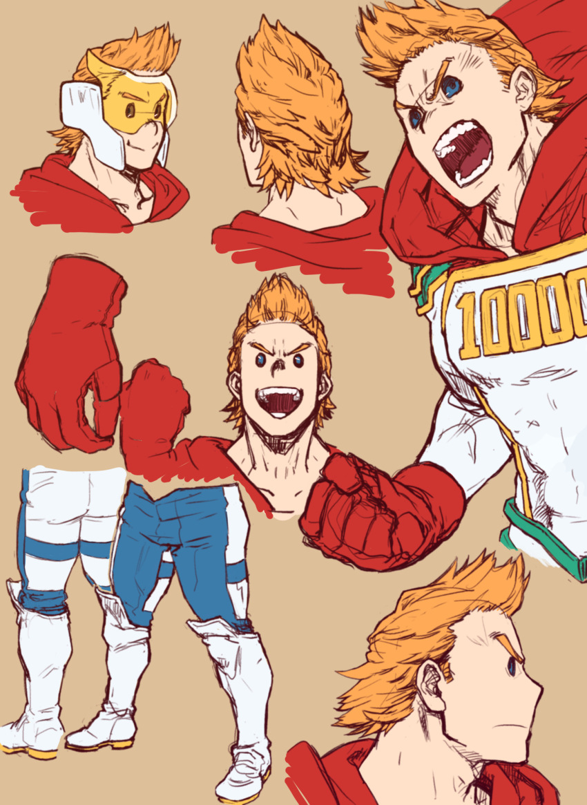 1boy angry blonde_hair blue_eyes blue_pants boku_no_hero_academia cape commentary_request gloves helmet highres looking_at_viewer looking_to_the_side male_focus multiple_views open_mouth pants red_cape red_gloves shirt simple_background smile superhero_costume togata_mirio white_shirt yomoyama_yotabanashi