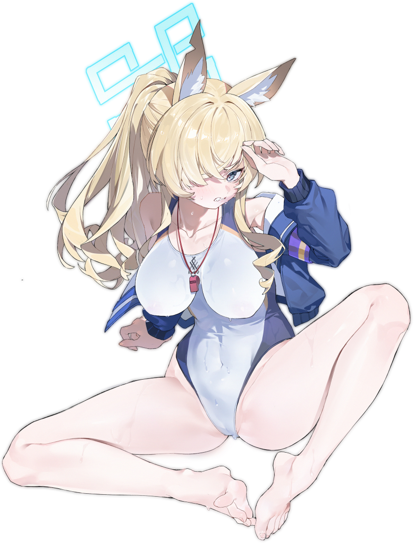 1girl absurdres animal_ear_fluff animal_ears bare_legs bare_shoulders barefoot blonde_hair blue_archive blue_eyes blue_halo blush breasts competition_swimsuit dog_ears extra_ears hair_over_one_eye halo highleg highleg_one-piece_swimsuit highres kanna_(blue_archive) kanna_(swimsuit)_(blue_archive) large_breasts long_hair long_sleeves looking_at_viewer lushi_jin_up notched_ear off_shoulder official_alternate_costume one-piece_swimsuit ponytail simple_background sitting solo spread_legs spread_toes swimsuit swimsuit_under_clothes teeth toes whistle whistle_around_neck white_one-piece_swimsuit