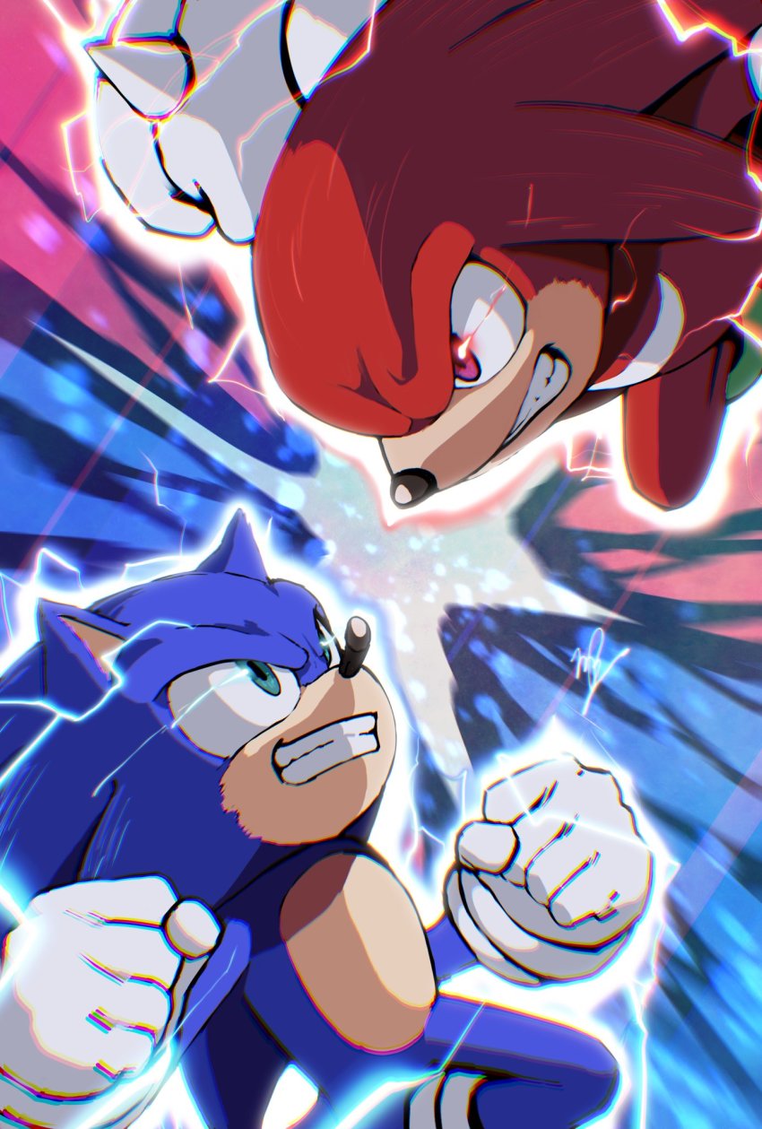 2boys animal_nose aura banel_springer battle blue_eyes clenched_teeth electricity furry furry_male gloves highres knuckles_the_echidna male_focus multiple_boys snout sonic_(live_action) sonic_(series) sonic_the_hedgehog sonic_the_hedgehog_2_(movie) teeth white_gloves