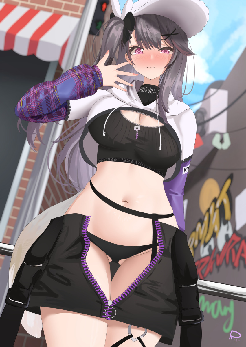 1girl :3 @_@ absurdres arm_behind_back azur_lane black_hair black_panties black_skirt black_vest breasts brown_eyes brown_hair cleavage clothes_pull commission cropped_hoodie cropped_vest day fox_tail from_below hair_between_eyes hair_ornament hairclip hand_up hat highres hip_focus hood hoodie large_breasts long_hair looking_at_viewer looking_down midriff miniskirt nervous_smile open_clothes open_skirt outdoors pamiat_merkuria_(azur_lane) pamiat_merkuria_(chic_and_cheeky)_(azur_lane) panties partially_unzipped pink_eyes pixiv_commission riflech side_ponytail skirt skirt_pull smile solo standing tail thigh_gap thighs underwear very_long_hair vest x_hair_ornament