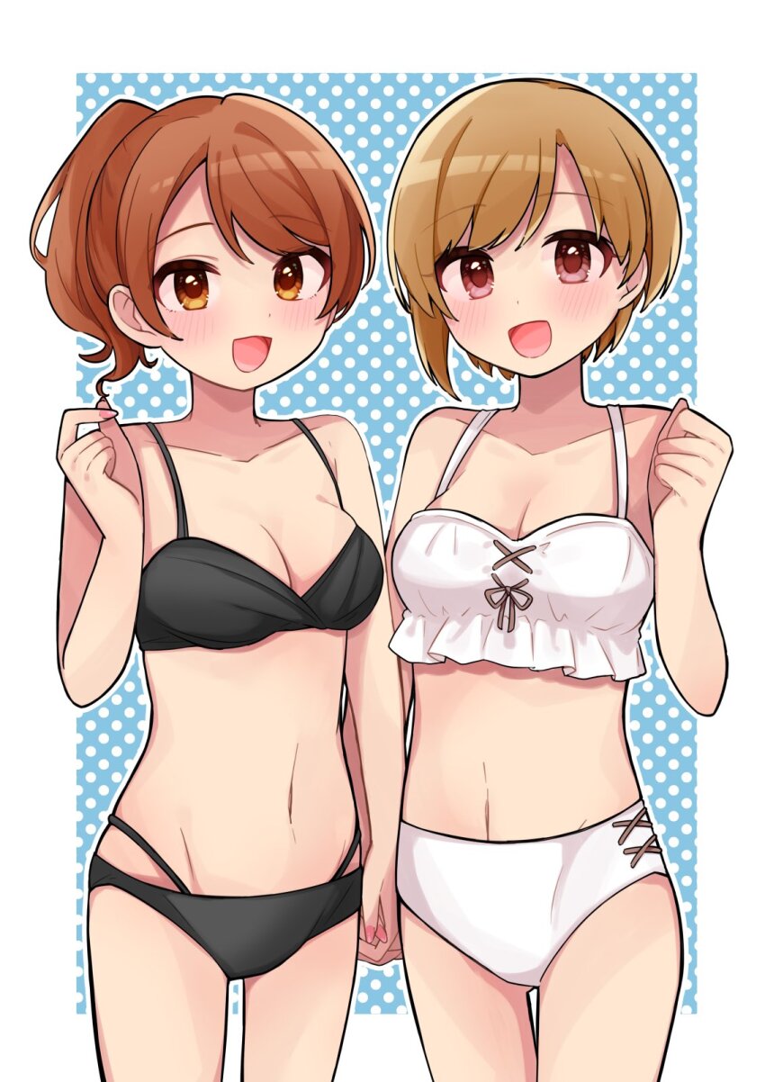 2girls aiba_yumi bikini breasts brown_hair highres hojo_karen holding_hands idolmaster idolmaster_cinderella_girls looking_at_viewer medium_breasts multiple_girls navel open_mouth orange_eyes orange_hair ponytail red_eyes short_hair simple_background standing swimsuit tko0