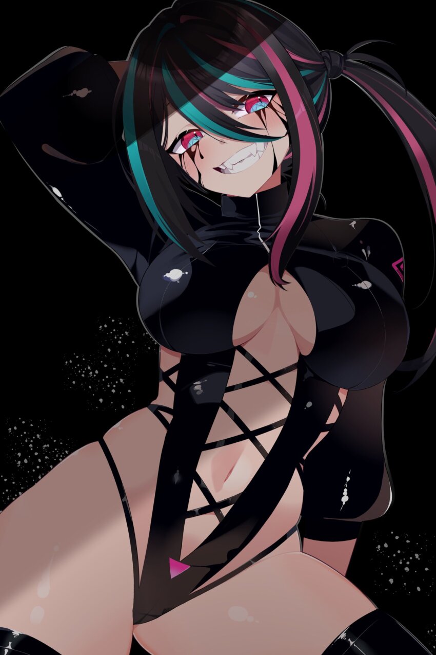 1girl arm_behind_head black_hair black_leotard black_thighhighs blue_eyes blue_hair breasts emma_llama hair_between_eyes highres himary_art indie_virtual_youtuber large_breasts leotard liquid_from_eyes long_hair multicolored_eyes multicolored_hair navel pink_eyes pink_hair smile solo streaked_hair thighhighs two-tone_eyes virtual_youtuber