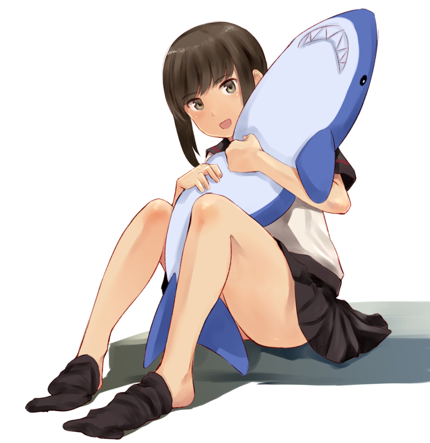 1girl :d black_hair black_sailor_collar black_skirt black_socks female_focus fubuki_(kancolle) fubuki_kai_ni_(kancolle) green_eyes highres holding holding_stuffed_toy ikea_shark kantai_collection kneehighs kneehighs_pull open_mouth pleated_skirt ponytail sailor_collar school_uniform serafuku short_hair short_ponytail short_sleeves simple_background skirt smile socks solo stuffed_animal stuffed_shark stuffed_toy wa_(genryusui) white_background
