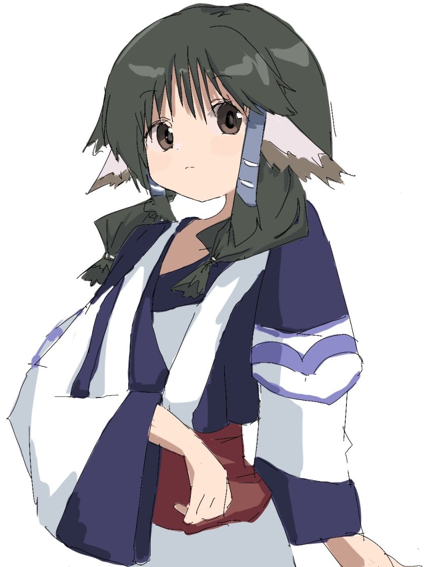 1girl ainu_clothes animal_ears aquaplus aruruu breasts brown_eyes brown_hair closed_mouth hair_over_shoulder highres layered_sleeves long_sleeves medium_hair raised_eyebrows sash sidelocks small_breasts solo tetsubousensei upper_body utawarerumono wide_sleeves