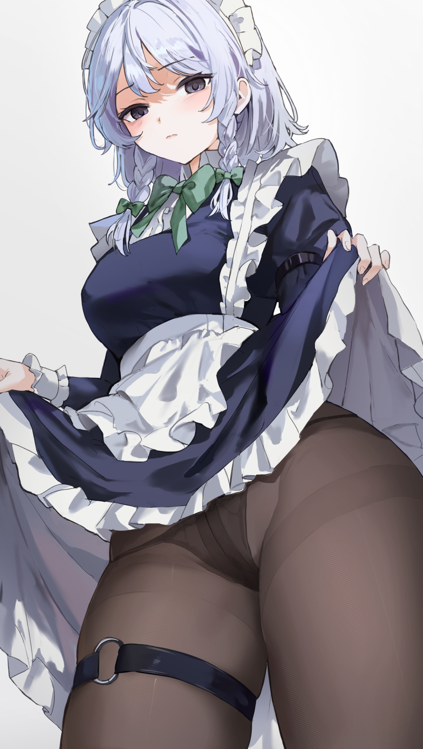 1girl absurdres apron belt black_panties black_pantyhose blue_dress blue_eyes bow bowtie braid breasts clothes_lift collared_shirt cowboy_shot dress dress_lift green_bow green_bowtie grey_hair hair_bow highres izayoi_sakuya long_sleeves looking_at_viewer maid maid_headdress medium_breasts medium_hair o-ring o-ring_thigh_strap panties panties_under_pantyhose pantyhose sarukana shirt side_braids simple_background solo thigh_belt thigh_strap touhou underwear waist_apron white_apron white_background white_shirt